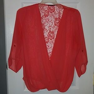 Macy's red quarter sleeve blouse with lace back